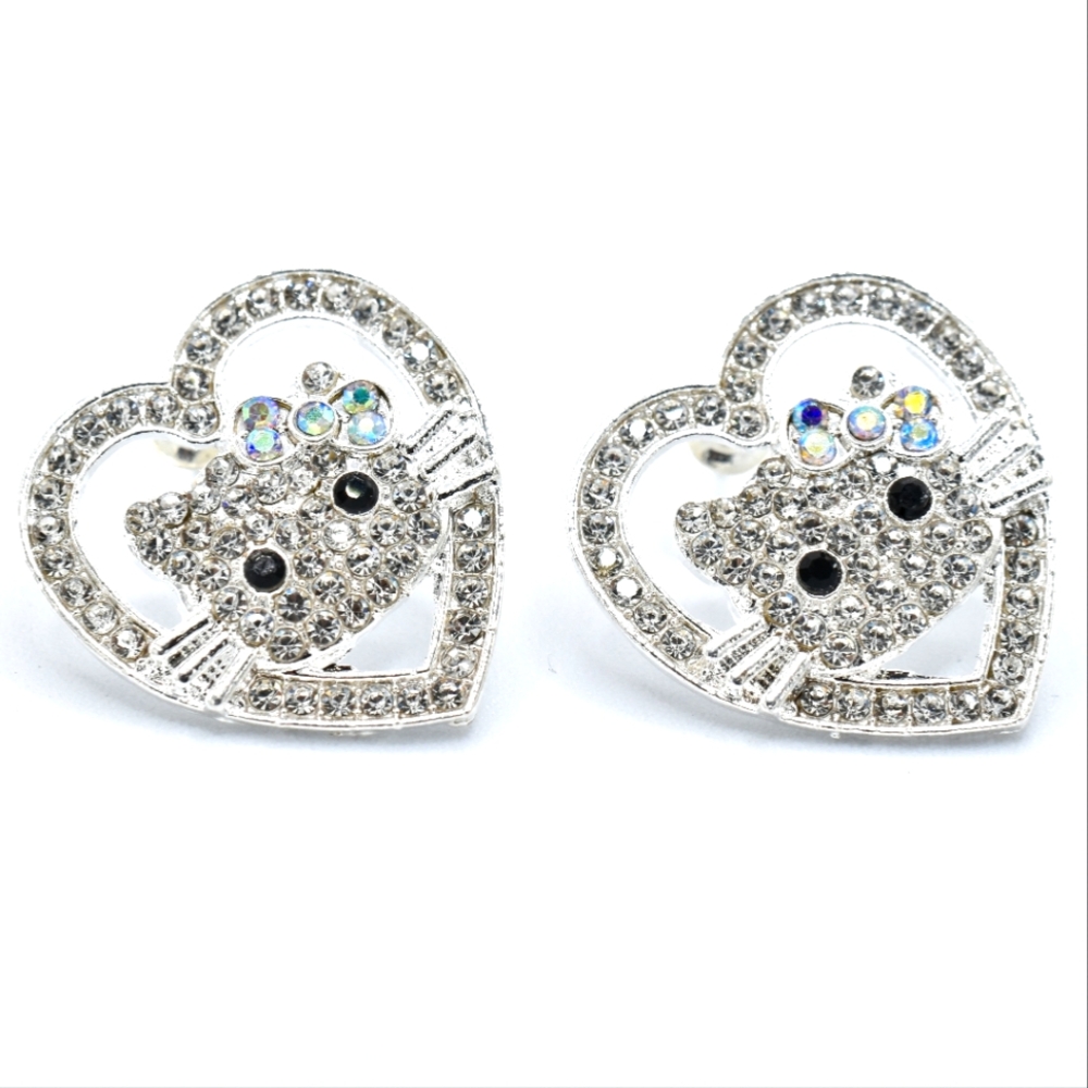 Silver Heart Cat Crystal Earrings, Silver Tone, New